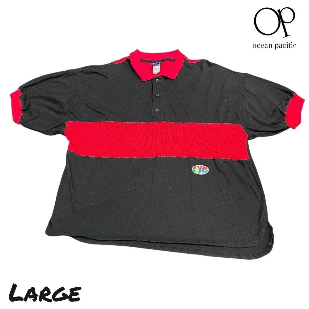 Vintage Ocean Pacific Polo Shirt Mens LARGE Black Pink Stripe 90s Surf Relaxed